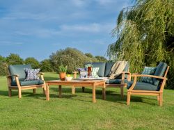 Deep Seating Teak Garden Sofa Set Coffee Table Love Bench & 2 Chairs With CREAM CUSHIONS